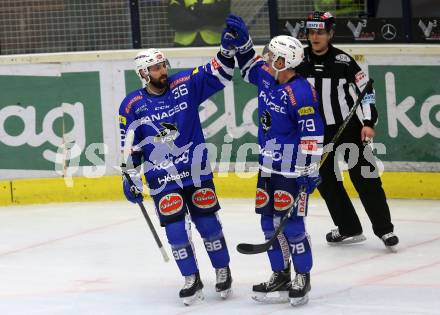 EBEL. Eishockey Bundesliga. EC VSV gegen EHC Liwest Black Wings Linz.   Torjubel Jerry Pollastrone, Blaine Down (VSV). Villach, am 14.2.2019.
Foto: Kuess 


---
pressefotos, pressefotografie, kuess, qs, qspictures, sport, bild, bilder, bilddatenbank