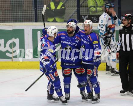 EBEL. Eishockey Bundesliga. EC VSV gegen EHC Liwest Black Wings Linz.   Torjubel Justin Maylan, Jerry Pollastrone, Blaine Down (VSV). Villach, am 14.2.2019.
Foto: Kuess 


---
pressefotos, pressefotografie, kuess, qs, qspictures, sport, bild, bilder, bilddatenbank