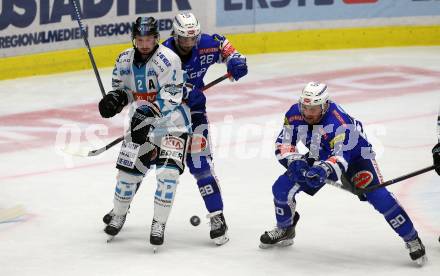 EBEL. Eishockey Bundesliga. EC VSV gegen EHC Liwest Black Wings Linz.   Johann Lars Olof Eriksson, Nico Brunner, (VSV), Aaron Brocklehurst  (Linz). Villach, am 14.2.2019.
Foto: Kuess 


---
pressefotos, pressefotografie, kuess, qs, qspictures, sport, bild, bilder, bilddatenbank