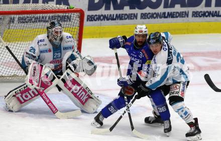 EBEL. Eishockey Bundesliga. EC VSV gegen EHC Liwest Black Wings Linz.   Jerry Pollastrone,  (VSV), Moritz Matzka, Michael Ouzas (Linz). Villach, am 14.2.2019.
Foto: Kuess 


---
pressefotos, pressefotografie, kuess, qs, qspictures, sport, bild, bilder, bilddatenbank