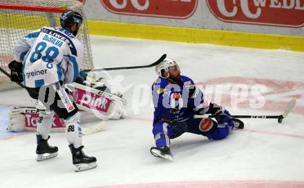 EBEL. Eishockey Bundesliga. EC VSV gegen EHC Liwest Black Wings Linz.   Jerry Pollastrone,  (VSV), Dan Dasilva (Linz). Villach, am 14.2.2019.
Foto: Kuess 


---
pressefotos, pressefotografie, kuess, qs, qspictures, sport, bild, bilder, bilddatenbank