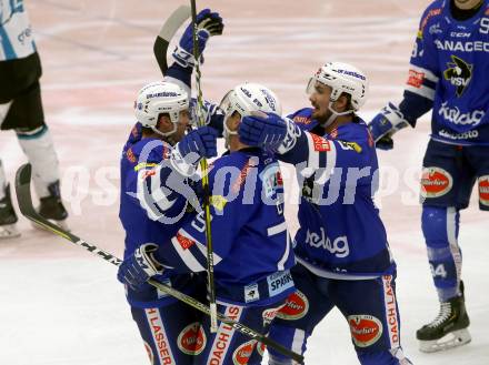EBEL. Eishockey Bundesliga. EC VSV gegen EHC Liwest Black Wings Linz.   Torjubel Blaine Down, Jason Desantis, Johann Lars Olof Eriksson (VSV). Villach, am 14.2.2019.
Foto: Kuess 


---
pressefotos, pressefotografie, kuess, qs, qspictures, sport, bild, bilder, bilddatenbank