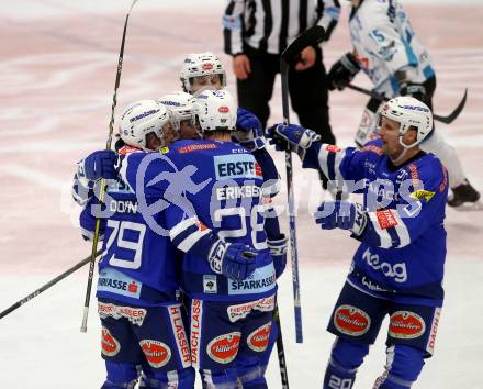 EBEL. Eishockey Bundesliga. EC VSV gegen EHC Liwest Black Wings Linz.   Torjubel Blaine Down, Jason Desantis, Johann Lars Olof Eriksson, Brandon Alderson, Nico Brunner (VSV). Villach, am 14.2.2019.
Foto: Kuess 


---
pressefotos, pressefotografie, kuess, qs, qspictures, sport, bild, bilder, bilddatenbank