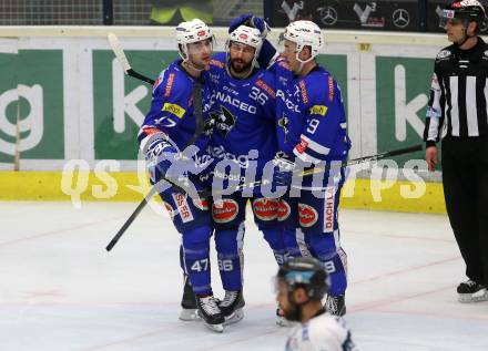 EBEL. Eishockey Bundesliga. EC VSV gegen EHC Liwest Black Wings Linz.   Torjubel Justin Maylan, Jerry Pollastrone, Blaine Down (VSV). Villach, am 14.2.2019.
Foto: Kuess 


---
pressefotos, pressefotografie, kuess, qs, qspictures, sport, bild, bilder, bilddatenbank
