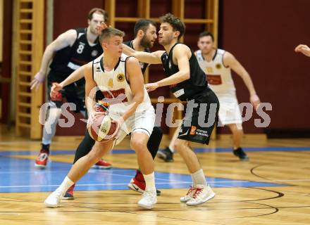 Basketball 2. Bundesliga. Grunddurchgang 19. Runde. Woerthersee Piraten gegen BK Mattersburg Rocks. Elvis Keric,  (Woerthersee Piraten),  Jan Nicoli (Mattersburg). Klagenfurt, am 16.2.2019.
Foto: Kuess
---
pressefotos, pressefotografie, kuess, qs, qspictures, sport, bild, bilder, bilddatenbank