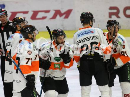 EBEL. Eishockey Bundesliga. KAC gegen	Moser Medical Graz99ers.  Torjubel Daniel Oberkofler, Erik Kirchschlaeger, Oliver Setzinger, Dominik Grafenthin  (Graz). Klagenfurt, am 22.2.2019.
Foto: Kuess

---
pressefotos, pressefotografie, kuess, qs, qspictures, sport, bild, bilder, bilddatenbank