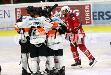 EBEL. Eishockey Bundesliga. KAC gegen	Moser Medical Graz99ers.  Torjubel Oliver Setzinger, Erik Kirchschlaeger, Dominik Grafenthin, Daniel Oberkofler  (Graz). Klagenfurt, am 22.2.2019.
Foto: Kuess

---
pressefotos, pressefotografie, kuess, qs, qspictures, sport, bild, bilder, bilddatenbank