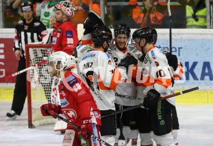 EBEL. Eishockey Bundesliga. KAC gegen	Moser Medical Graz99ers.  Torjubel Robin Jakobsson, Lukas Kainz, Zintis Nauris Zusevics  (Graz). Klagenfurt, am 22.2.2019.
Foto: Kuess

---
pressefotos, pressefotografie, kuess, qs, qspictures, sport, bild, bilder, bilddatenbank