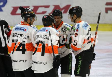 EBEL. Eishockey Bundesliga. KAC gegen	Moser Medical Graz99ers.  Torjubel Daniel Oberkofler, Erik Kirchschlaeger, Oliver Setzinger, Dominik Grafenthin  (Graz). Klagenfurt, am 22.2.2019.
Foto: Kuess

---
pressefotos, pressefotografie, kuess, qs, qspictures, sport, bild, bilder, bilddatenbank