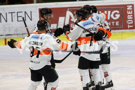 EBEL. Eishockey Bundesliga. KAC gegen	Moser Medical Graz99ers.  Torjubel Oliver Setzinger, Erik Kirchschlaeger, Dominik Grafenthin, Daniel Oberkofler  (Graz). Klagenfurt, am 22.2.2019.
Foto: Kuess

---
pressefotos, pressefotografie, kuess, qs, qspictures, sport, bild, bilder, bilddatenbank