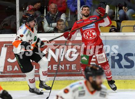 EBEL. Eishockey Bundesliga. KAC gegen	Moser Medical Graz99ers. Steven Strong, (KAC),  Ty Loney (Graz). Klagenfurt, am 22.2.2019.
Foto: Kuess

---
pressefotos, pressefotografie, kuess, qs, qspictures, sport, bild, bilder, bilddatenbank