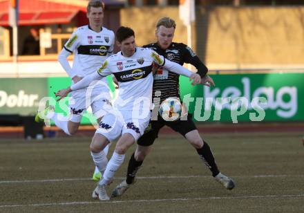 Fussball tipico Bundesliga. RZ Pellets WAC gegen CASHPOINT SCR Altach.  Kevin Friesenbichler,  (WAC), Benedikt Zech (Altach). Wolfsberg, am 23.2.2019.
Foto: Kuess

---
pressefotos, pressefotografie, kuess, qs, qspictures, sport, bild, bilder, bilddatenbank