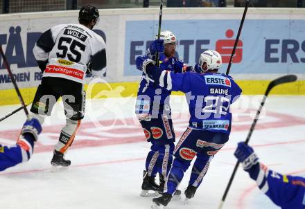 EBEL. Eishockey Bundesliga. EC VSV gegen DEC Dornbirn Bulldogs. Torjubel Justin Maylan, Yann Sauve  (VSV). Villach, am 24.2.2019.
Foto: Kuess 


---
pressefotos, pressefotografie, kuess, qs, qspictures, sport, bild, bilder, bilddatenbank