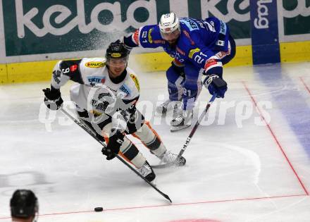 EBEL. Eishockey Bundesliga. EC VSV gegen DEC Dornbirn Bulldogs.  Matthew Pelech,  (VSV), Brodie Dupont (Dornbirn). Villach, am 24.2.2019.
Foto: Kuess 


---
pressefotos, pressefotografie, kuess, qs, qspictures, sport, bild, bilder, bilddatenbank