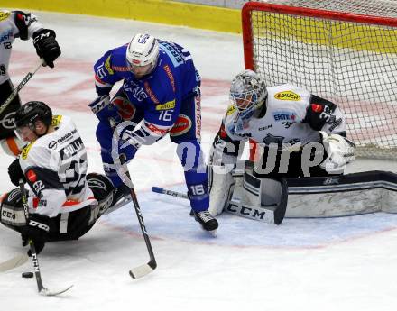 EBEL. Eishockey Bundesliga. EC VSV gegen DEC Dornbirn Bulldogs. MacGregor Sharp,   (VSV), Juuso Eemeli Pulli, Miroslav Svoboda (Dornbirn). Villach, am 24.2.2019.
Foto: Kuess 


---
pressefotos, pressefotografie, kuess, qs, qspictures, sport, bild, bilder, bilddatenbank