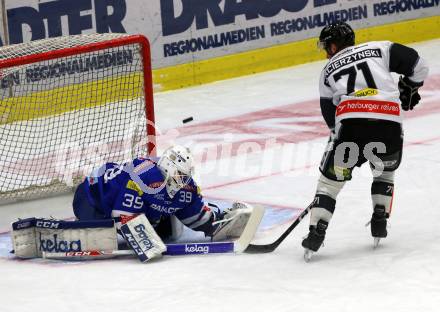 EBEL. Eishockey Bundesliga. EC VSV gegen DEC Dornbirn Bulldogs. Dan Bakala,  (VSV), Kevin Macierzynski  (Dornbirn). Villach, am 24.2.2019.
Foto: Kuess 


---
pressefotos, pressefotografie, kuess, qs, qspictures, sport, bild, bilder, bilddatenbank
