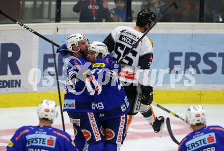 EBEL. Eishockey Bundesliga. EC VSV gegen DEC Dornbirn Bulldogs. Torjubel Justin Maylan, Yann Sauve  (VSV). Villach, am 24.2.2019.
Foto: Kuess 


---
pressefotos, pressefotografie, kuess, qs, qspictures, sport, bild, bilder, bilddatenbank