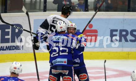 EBEL. Eishockey Bundesliga. EC VSV gegen DEC Dornbirn Bulldogs. Torjubel Justin Maylan, Yann Sauve  (VSV). Villach, am 24.2.2019.
Foto: Kuess 


---
pressefotos, pressefotografie, kuess, qs, qspictures, sport, bild, bilder, bilddatenbank