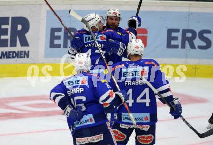 EBEL. Eishockey Bundesliga. EC VSV gegen DEC Dornbirn Bulldogs. Torjubel Justin Maylan, Yann Sauve, MacGregor Sharp, Jamie Fraser  (VSV). Villach, am 24.2.2019.
Foto: Kuess 


---
pressefotos, pressefotografie, kuess, qs, qspictures, sport, bild, bilder, bilddatenbank