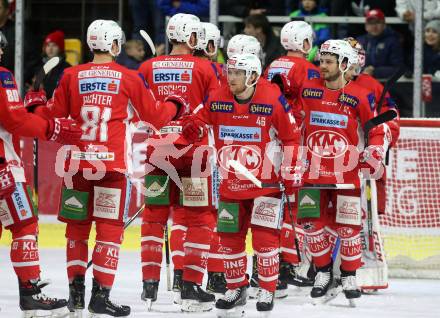 EBEL. Eishockey Bundesliga. KAC gegen	HCB Suedtirol Alperia.  Jubel KAC. Klagenfurt, am 1.3.2019.
Foto: Kuess

---
pressefotos, pressefotografie, kuess, qs, qspictures, sport, bild, bilder, bilddatenbank