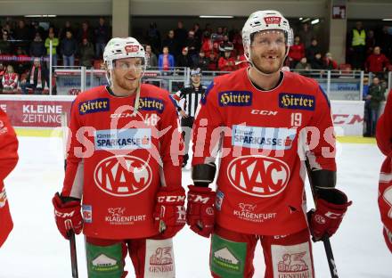 EBEL. Eishockey Bundesliga. KAC gegen	HCB Suedtirol Alperia. Johannes Bischofberger, Stefan Geier (KAC). Klagenfurt, am 1.3.2019.
Foto: Kuess

---
pressefotos, pressefotografie, kuess, qs, qspictures, sport, bild, bilder, bilddatenbank