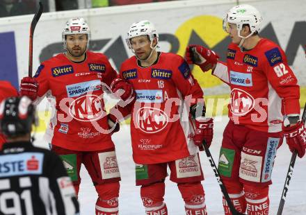 EBEL. Eishockey Bundesliga. KAC gegen	HCB Suedtirol Alperia. Torjubel Andrew Jacob Kozek, Thomas Koch, Clemens Unteweger (KAC). Klagenfurt, am 1.3.2019.
Foto: Kuess

---
pressefotos, pressefotografie, kuess, qs, qspictures, sport, bild, bilder, bilddatenbank