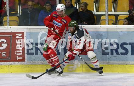EBEL. Eishockey Bundesliga. KAC gegen	HCB Suedtirol Alperia. Adam Comrie,  (KAC), Brett Findlay (Bozen). Klagenfurt, am 1.3.2019.
Foto: Kuess

---
pressefotos, pressefotografie, kuess, qs, qspictures, sport, bild, bilder, bilddatenbank