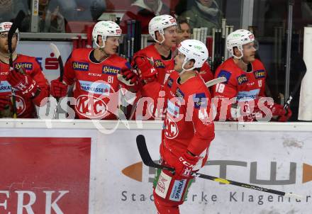 EBEL. Eishockey Bundesliga. KAC gegen	HCB Suedtirol Alperia.  Torjubel Adam Comrie, Marco Richter (KAC). Klagenfurt, am 1.3.2019.
Foto: Kuess

---
pressefotos, pressefotografie, kuess, qs, qspictures, sport, bild, bilder, bilddatenbank