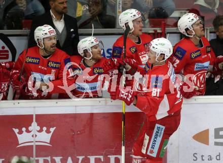 EBEL. Eishockey Bundesliga. KAC gegen	HCB Suedtirol Alperia.  Torjubel Andrew Jacob Kozek, Johannes Bischofberger, Nicholas Eric Petersen, Marco Richter (KAC). Klagenfurt, am 1.3.2019.
Foto: Kuess

---
pressefotos, pressefotografie, kuess, qs, qspictures, sport, bild, bilder, bilddatenbank