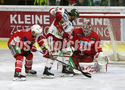EBEL. Eishockey Bundesliga. KAC gegen	HCB Suedtirol Alperia. Thomas Koch, Lars Haugen, (KAC),  Angelo Miceli  (Bozen). Klagenfurt, am 1.3.2019.
Foto: Kuess

---
pressefotos, pressefotografie, kuess, qs, qspictures, sport, bild, bilder, bilddatenbank