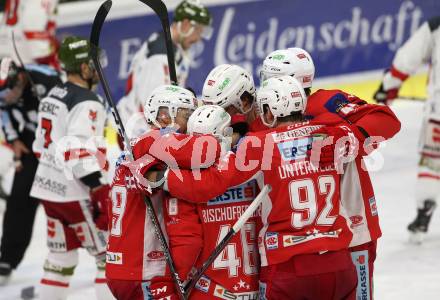 EBEL. Eishockey Bundesliga. KAC gegen	HCB Suedtirol Alperia. Torjubel Mitch Wahl, Thomas Hundertpfund, Johannes Bischofberger, Clemens Unterweger (KAC). Klagenfurt, am 1.3.2019.
Foto: Kuess

---
pressefotos, pressefotografie, kuess, qs, qspictures, sport, bild, bilder, bilddatenbank