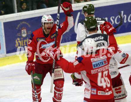 EBEL. Eishockey Bundesliga. KAC gegen	HCB Suedtirol Alperia. Torjubel Thomas Hundertpfund, Johannes Bischofberger (KAC). Klagenfurt, am 1.3.2019.
Foto: Kuess

---
pressefotos, pressefotografie, kuess, qs, qspictures, sport, bild, bilder, bilddatenbank