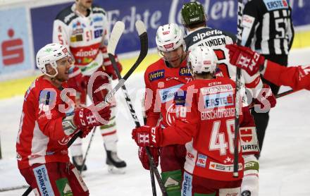 EBEL. Eishockey Bundesliga. KAC gegen	HCB Suedtirol Alperia. Torjubel Mitch Wahl, Thomas Hundertpfund, Johannes Bischofberger (KAC). Klagenfurt, am 1.3.2019.
Foto: Kuess

---
pressefotos, pressefotografie, kuess, qs, qspictures, sport, bild, bilder, bilddatenbank