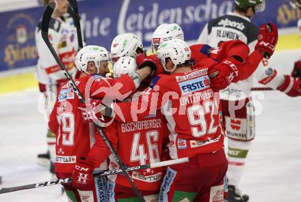 EBEL. Eishockey Bundesliga. KAC gegen	HCB Suedtirol Alperia. Torjubel Mitch Wahl, Thomas Hundertpfund, Johannes Bischofberger, Clemens Unterweger (KAC). Klagenfurt, am 1.3.2019.
Foto: Kuess

---
pressefotos, pressefotografie, kuess, qs, qspictures, sport, bild, bilder, bilddatenbank