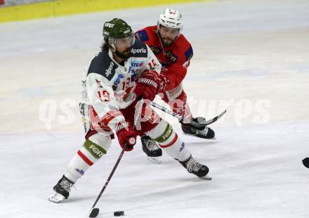 EBEL. Eishockey Bundesliga. KAC gegen	HCB Suedtirol Alperia. Steven Strong,  (KAC), Alexander Petan  (Bozen). Klagenfurt, am 1.3.2019.
Foto: Kuess

---
pressefotos, pressefotografie, kuess, qs, qspictures, sport, bild, bilder, bilddatenbank