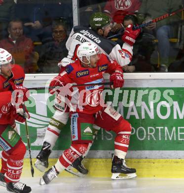 EBEL. Eishockey Bundesliga. KAC gegen	HCB Suedtirol Alperia. Mitch Wahl,  (KAC), Michael Blunden (Bozen). Klagenfurt, am 1.3.2019.
Foto: Kuess

---
pressefotos, pressefotografie, kuess, qs, qspictures, sport, bild, bilder, bilddatenbank