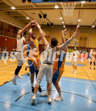 Basketball 2. Bundesliga. Grunddurchgang 21. Runde. Woerthersee Piraten gegen BBU Salzburg.  Elvis Keric, Lukas Simoner,  (Woerthersee Piraten),  Luka Mlovac, Mladen Perak (Salzburg). Klagenfurt, am 2.3.2019.
Foto: Kuess
---
pressefotos, pressefotografie, kuess, qs, qspictures, sport, bild, bilder, bilddatenbank