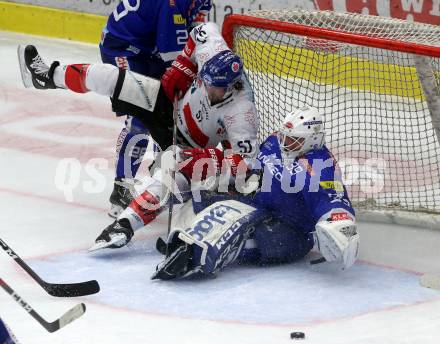 EBEL. Eishockey Bundesliga. EC VSV gegen HC TWK Innsbruck.  Dan Bakala,  (VSV), Andrew Clark (Innsbruck). Villach, am 3.3.2019.
Foto: Kuess 


---
pressefotos, pressefotografie, kuess, qs, qspictures, sport, bild, bilder, bilddatenbank