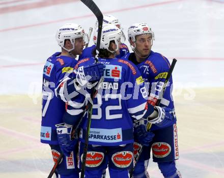 EBEL. Eishockey Bundesliga. EC VSV gegen HC TWK Innsbruck. Torjubel Blaine Down, Justin Maylan, Kevin Szabad  (VSV). Villach, am 3.3.2019.
Foto: Kuess 


---
pressefotos, pressefotografie, kuess, qs, qspictures, sport, bild, bilder, bilddatenbank