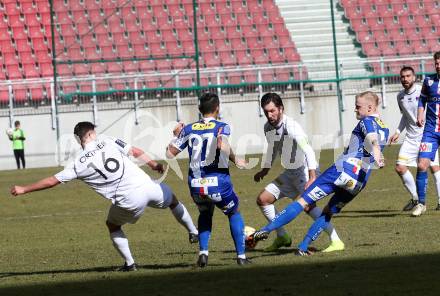 Fussball. 2. Liga. âSK Austria Klagenfurt gegen FC Blau Weiss Linz.  Marc Ortner, Sandro Zakany, (Klagenfurt), Alan Lima Carius, Thomas Froeschl  (Linz). Klagenfurt, 3.3.2019.
Foto: Kuess
---
pressefotos, pressefotografie, kuess, qs, qspictures, sport, bild, bilder, bilddatenbank