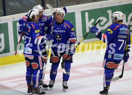 EBEL. Eishockey Bundesliga. EC VSV gegen HC TWK Innsbruck. Torjubel Johann Lars Olof Eriksson, Christof Kromp, Blaine Down, Jason Desantis  (VSV). Villach, am 3.3.2019.
Foto: Kuess 


---
pressefotos, pressefotografie, kuess, qs, qspictures, sport, bild, bilder, bilddatenbank