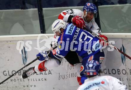 EBEL. Eishockey Bundesliga. EC VSV gegen HC TWK Innsbruck.  Jerry Pollastrone,  (VSV), Florian Pedevilla (Innsbruck). Villach, am 3.3.2019.
Foto: Kuess 


---
pressefotos, pressefotografie, kuess, qs, qspictures, sport, bild, bilder, bilddatenbank