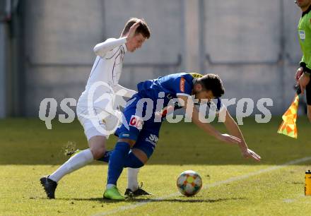 Fussball. 2. Liga. âSK Austria Klagenfurt gegen FC Blau Weiss Linz.  Scott Fitzgerald Kennedy, (Klagenfurt), Franjo Dramac  (Linz). Klagenfurt, 3.3.2019.
Foto: Kuess
---
pressefotos, pressefotografie, kuess, qs, qspictures, sport, bild, bilder, bilddatenbank