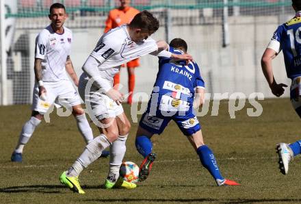 Fussball. 2. Liga. âSK Austria Klagenfurt gegen FC Blau Weiss Linz.  Benedikt Pichler,  (Klagenfurt), Manuel Krainz (Linz). Klagenfurt, 3.3.2019.
Foto: Kuess
---
pressefotos, pressefotografie, kuess, qs, qspictures, sport, bild, bilder, bilddatenbank