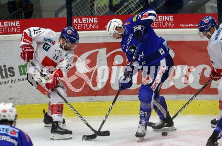 EBEL. Eishockey Bundesliga. EC VSV gegen HC TWK Innsbruck.  Matthew Pelech,  (VSV), Tyler Spurgeon (Innsbruck). Villach, am 3.3.2019.
Foto: Kuess 


---
pressefotos, pressefotografie, kuess, qs, qspictures, sport, bild, bilder, bilddatenbank