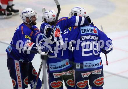 EBEL. Eishockey Bundesliga. EC VSV gegen HC TWK Innsbruck. Torjubel MacGregor Sharp, Christof Kromp, Johann Lars Olof Eriksson  (VSV). Villach, am 3.3.2019.
Foto: Kuess 


---
pressefotos, pressefotografie, kuess, qs, qspictures, sport, bild, bilder, bilddatenbank