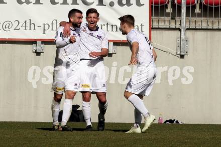 Fussball. 2. Liga. âSK Austria Klagenfurt gegen FC Blau Weiss Linz.  Torjubel Kosmas Gkezos, Markus Rusek, Marco Hoedl (Klagenfurt). Klagenfurt, 3.3.2019.
Foto: Kuess
---
pressefotos, pressefotografie, kuess, qs, qspictures, sport, bild, bilder, bilddatenbank