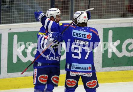 EBEL. Eishockey Bundesliga. EC VSV gegen HC TWK Innsbruck.  Torjubel Johann Lars Olof Eriksson, Christof Kromp (VSV). Villach, am 3.3.2019.
Foto: Kuess 


---
pressefotos, pressefotografie, kuess, qs, qspictures, sport, bild, bilder, bilddatenbank