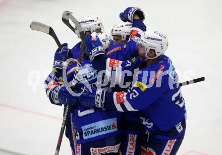 EBEL. Eishockey Bundesliga. EC VSV gegen HC TWK Innsbruck.  Torjubel MacGregor Sharp, Christof Kromp, Johann Lars Olof Eriksson, Yann Sauve (VSV). Villach, am 3.3.2019.
Foto: Kuess 


---
pressefotos, pressefotografie, kuess, qs, qspictures, sport, bild, bilder, bilddatenbank