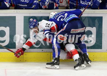 EBEL. Eishockey Bundesliga. EC VSV gegen HC TWK Innsbruck.  Matthew Pelech,  (VSV),  Andrew Michael Yogan (Innsbruck). Villach, am 3.3.2019.
Foto: Kuess 


---
pressefotos, pressefotografie, kuess, qs, qspictures, sport, bild, bilder, bilddatenbank